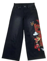 Dragon Graffiti Embroidery Dark Blue Loose Wide Leg Distressed Jeans Y2K High Waist Men Women Vintage Casual Daily Streetwear